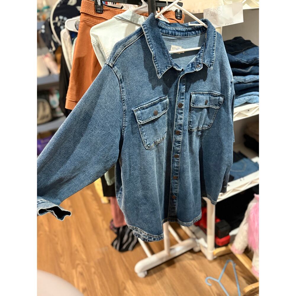 Terra & Sky Denim Button Up Shirt 3X Plus Size Chambray Oversized Shacket - Picture 2 of 5